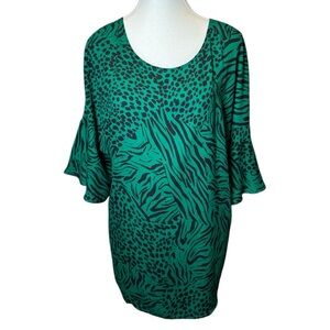 CAbi Green Bell Sleeve Blouse with Animal Print